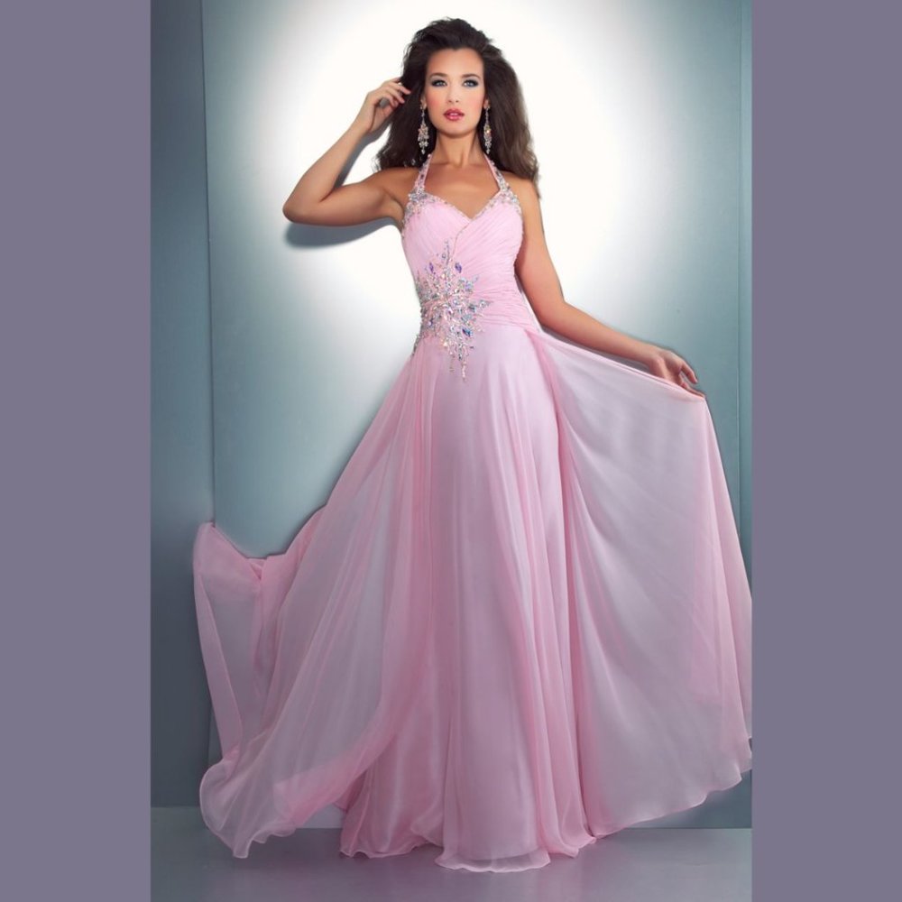 Cassandra Mac Dugga Ice Pink Halter Chiffon Gown Beaded Formal NEW 6